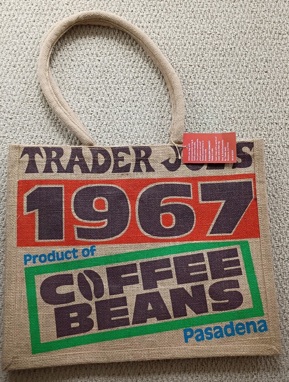 NWT Trader Joe Coffee Beans Jute Burlap REUSABLE TOTE  BAG 1967 PASADENA